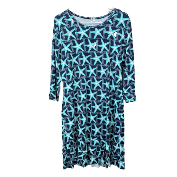 Lulu B Blue Starfish 3/4 Sleeve Flounce Ruffle Hem Shift Dress Size MEDIUM - Picture 2 of 12